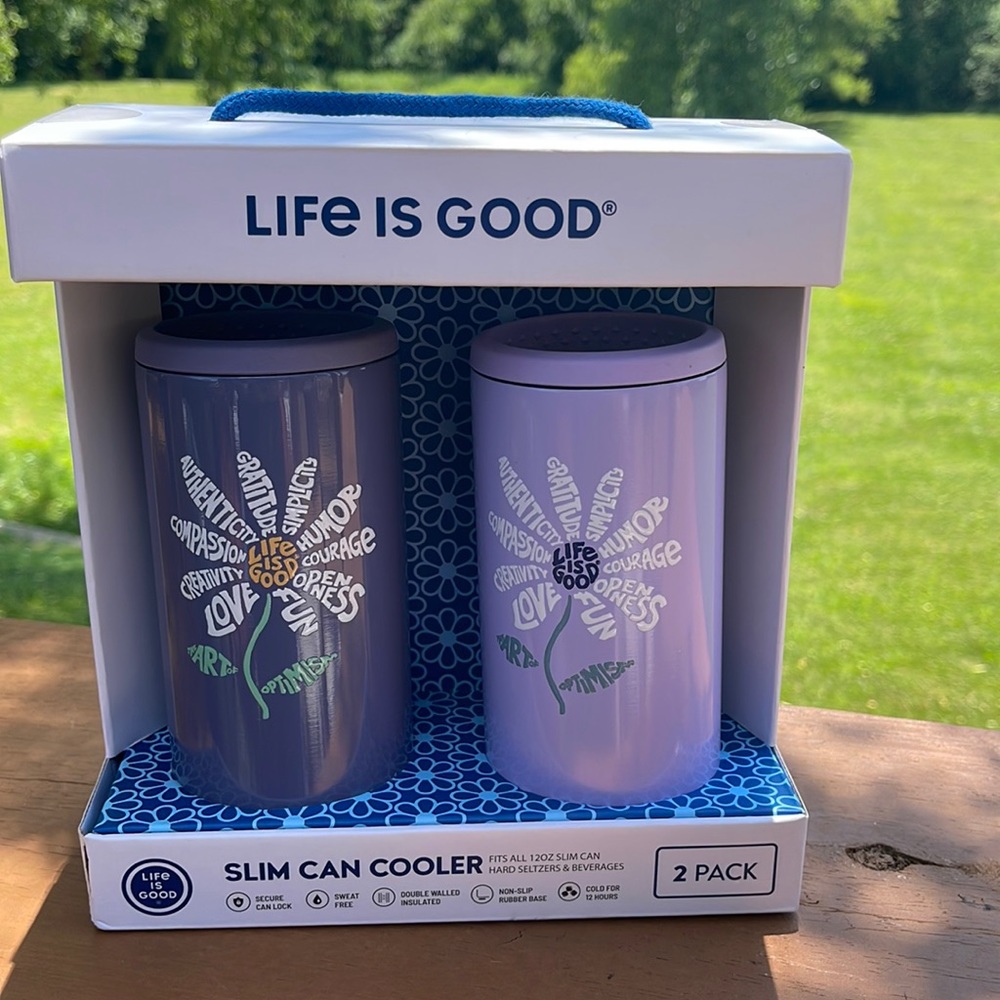 Life is Good 2-Pack Slim Can Coolers Purple Daisy Design The Art of Optimism